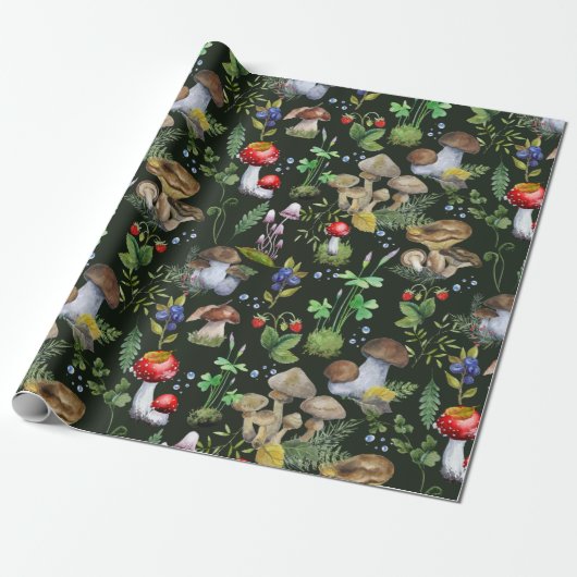 Papier Cadeau Aquarelle Forêt Verdure Champignons Berries Automn (Déroulé)