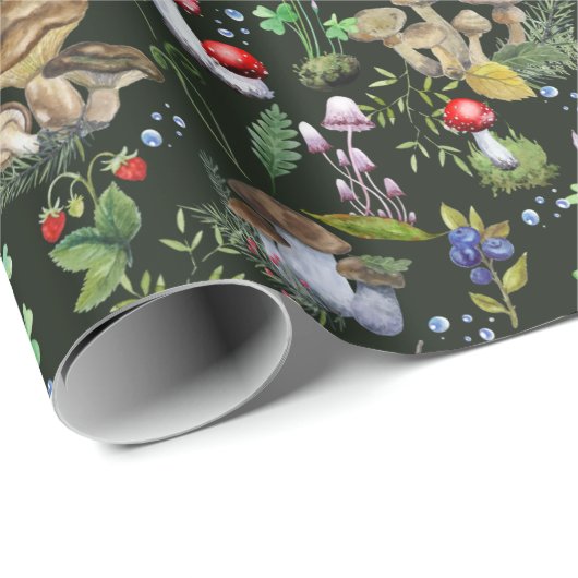 Papier Cadeau Aquarelle Forêt Verdure Champignons Berries Automn (Coin rond)