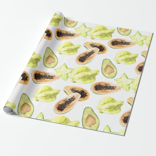 Papier Cadeau Aquarelle Fruits exotiques comestibles Monogramme  (Déroulé)