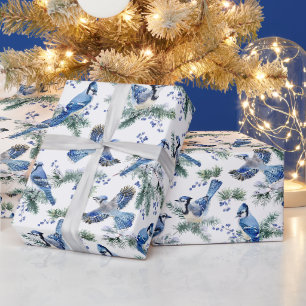 Papier Cadeau Aquarelle Geai Bleu Noël Hiver Pin