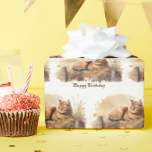 Papier Cadeau Aquarelle Ginger Chat Anniversaire