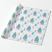 Papier Cadeau Aquarelle Gnomes mignonnes Bleu Noël Arbre neigeux (Déroulé)