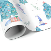 Papier Cadeau Aquarelle Gnomes mignonnes Bleu Noël Arbre neigeux (Coin rond)