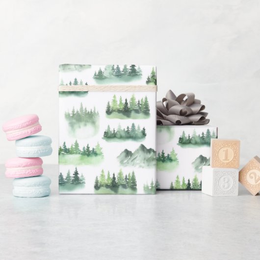 Papier Cadeau Aquarelle Green Trees Motif forestier (Baby Shower)