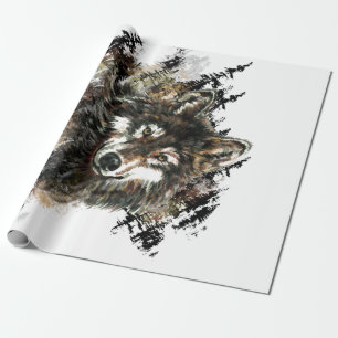 Papier Cadeau Aquarelle Gris Loup Logo Animal Nature loups
