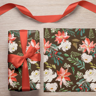 Papier Cadeau Aquarelle hiver Floral Holly Berry Motif Brown