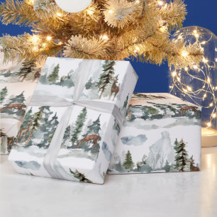 Papier Cadeau Aquarelle Hiver Scène Forêt Boisée Reindeer W