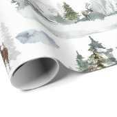 Papier Cadeau Aquarelle Hiver Scène Forêt Boisée Reindeer W (Coin rond)