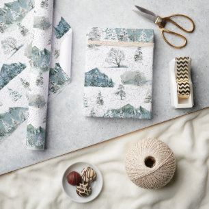 Papier Cadeau Aquarelle Hiver Snowy Nature Arbres Montagnes