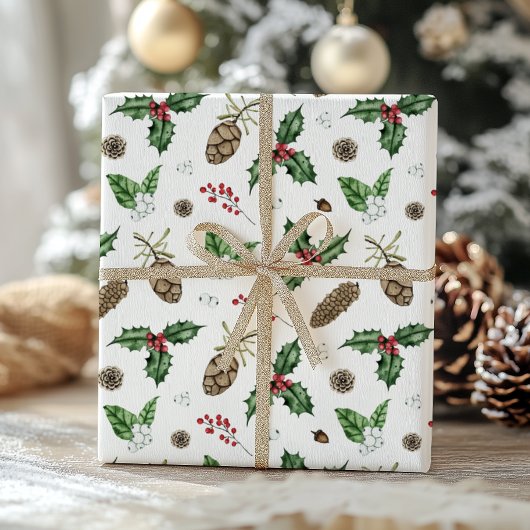 Papier Cadeau Aquarelle hiver verdure et baies Noël