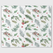 Papier Cadeau Aquarelle Holly Berry Vert (Plat)