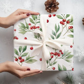 Papier Cadeau Aquarelle Holly de Noël Rouge et Vert