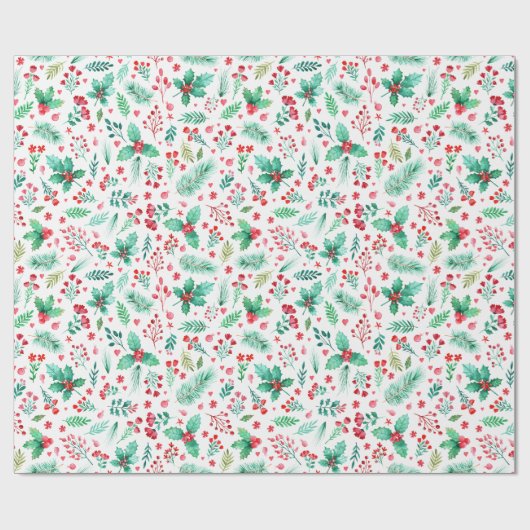 Papier Cadeau Aquarelle Holly, Pine et Berries rouges Noël (Plat)