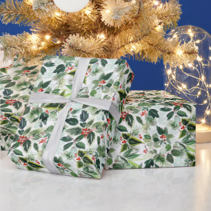 Papier Cadeau Aquarelle Holly verdure Noël Motif