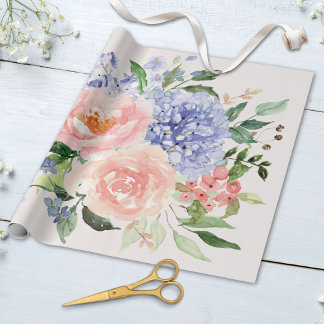Papier Cadeau Aquarelle Hydrangea Bleu Rose Pivoine Floral Print