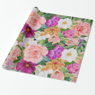 Papier Cadeau Aquarelle Jardin Floral Rose Cosmos coloré