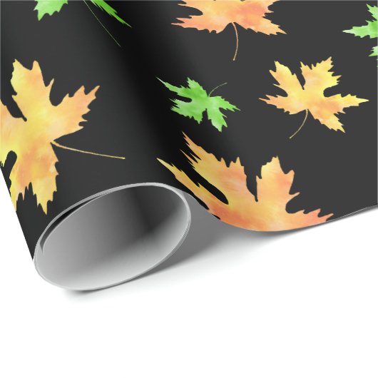 Papier Cadeau Aquarelle jaune vert noir Motif feuille d'érable (Coin rond)
