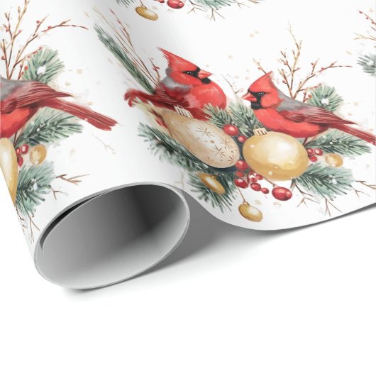 Papier Cadeau Aquarelle Joyeux Noël Cardinal rouge & Berries (Coin rond)