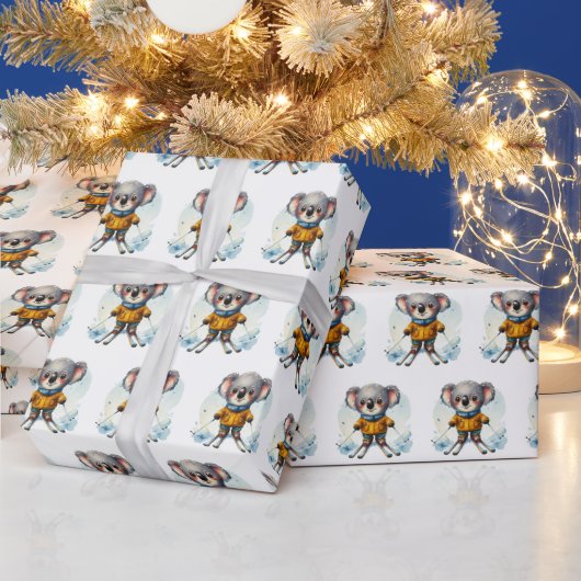 Papier Cadeau Aquarelle Koala Ours Ski Sur Neige (Vacances)