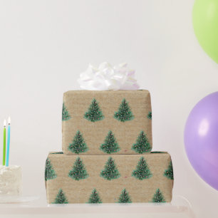 Papier Cadeau Aquarelle Kraft Pin vert de Noël