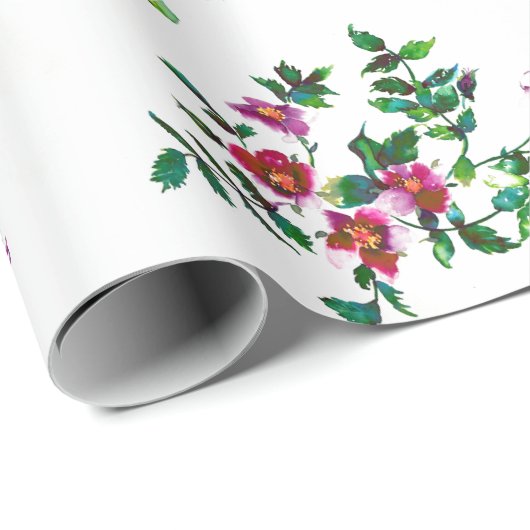 Papier Cadeau Aquarelle magenta rose vintage roses (Coin rond)