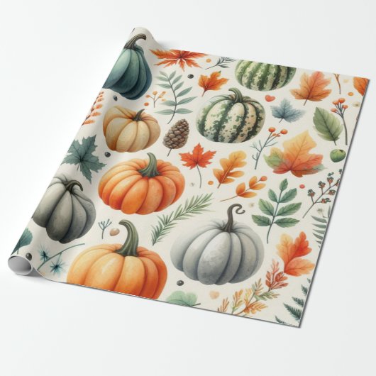 Papier Cadeau Aquarelle mignonne citrouille automne et automne T (Déroulé)