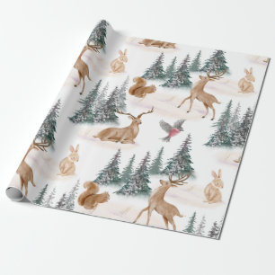 Papier Cadeau Aquarelle mignonne Noël Neige Bois Animaux