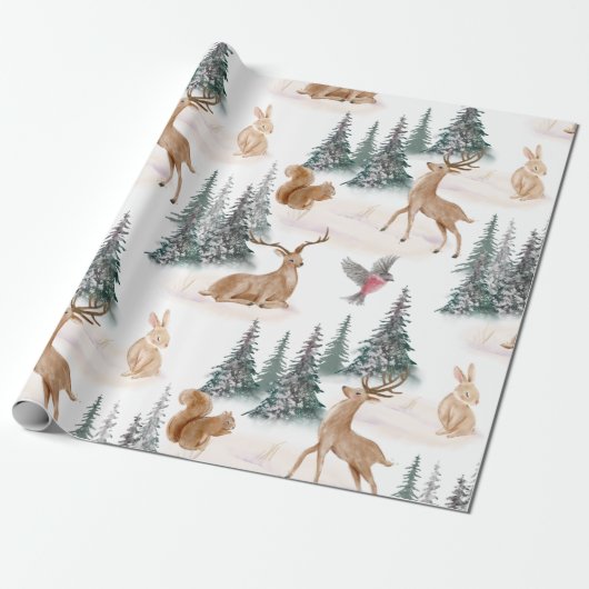 Papier Cadeau Aquarelle mignonne Noël Neige Bois Animaux (Déroulé)