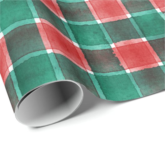 Papier Cadeau Aquarelle mignonne Rouge Vert Vacances Plaid Noël (Coin rond)