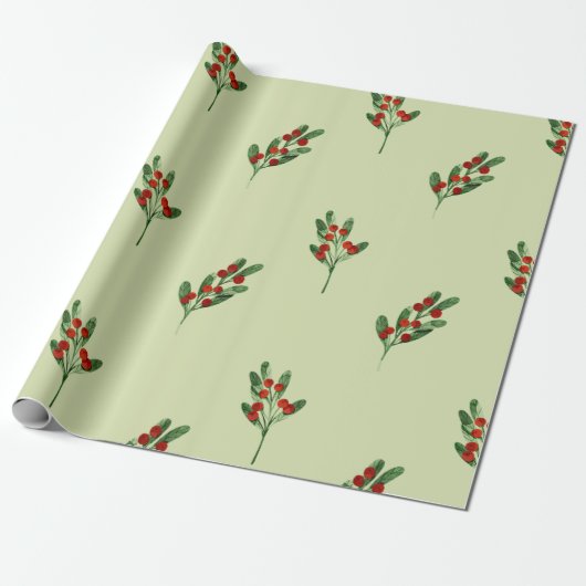 Papier Cadeau Aquarelle Mistletoe avec Berries rouges Noël (Déroulé)