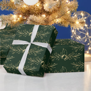 Papier Cadeau Aquarelle moderne Golden Christmas Holly Green