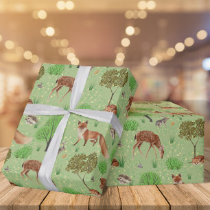 Papier Cadeau Aquarelle moderne mignonne Bois Animaux Pré