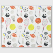 Papier Cadeau Aquarelle Multi Sport Motif Balls Raquettes Golf (Plat)