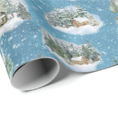 Papier Cadeau Aquarelle Neige hiver Cabine Forêt Noël (Coin rond)