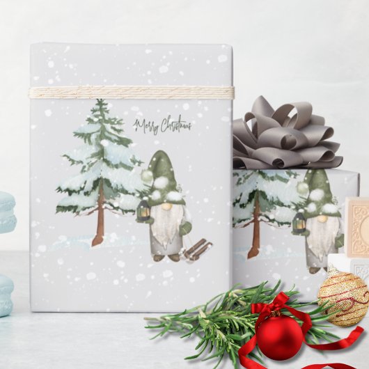 Papier Cadeau Aquarelle Neige Moderne Cute Vert Gnome Noël