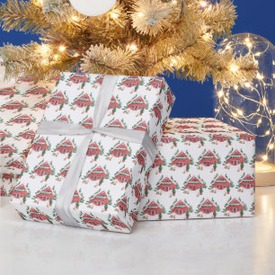 Papier Cadeau Aquarelle neige rouge Cottage Motif Noël