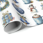 Papier Cadeau Aquarelle Noël Amusants en blanc (Coin rond)