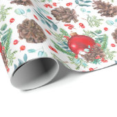 Papier Cadeau Aquarelle Noël Baubles Pine Cône Floral (Coin rond)