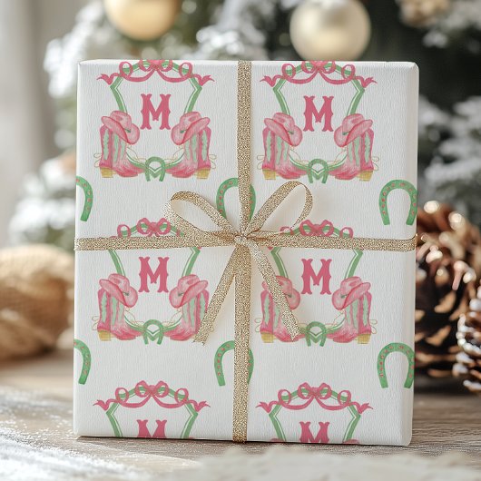 Papier Cadeau Aquarelle Noël Bottes Monogramme Crest