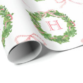 Papier Cadeau Aquarelle Noël Bow rayé Monogramme Wreath (Coin rond)