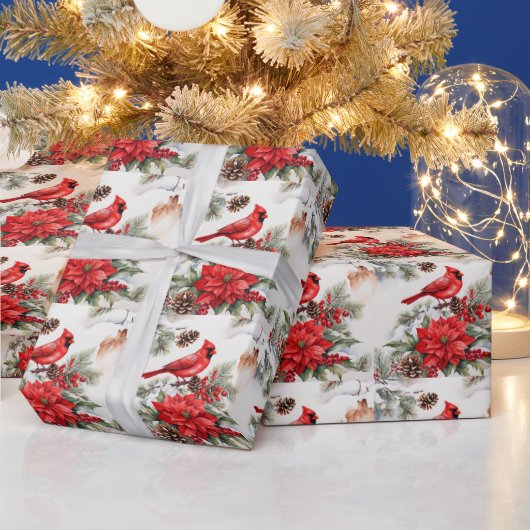 Papier Cadeau Aquarelle Noël Cardinal rouge, Poinsettia (Vacances)