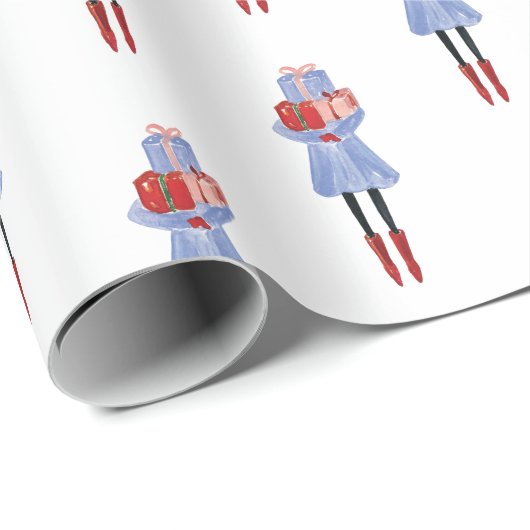 Papier Cadeau Aquarelle Noël Fashion Girl with Presents (Coin rond)