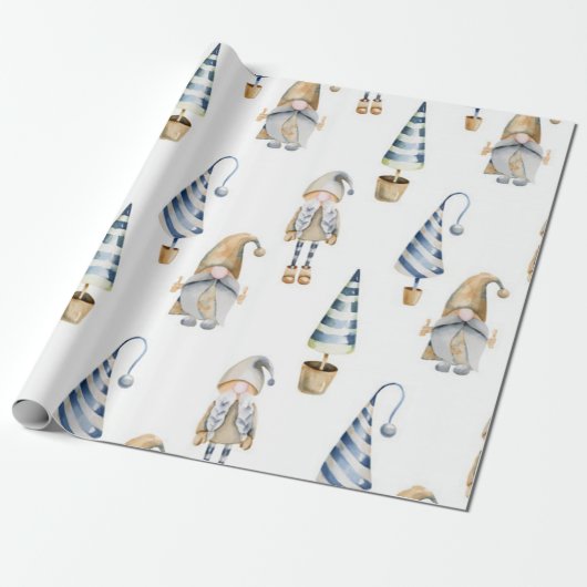 Papier Cadeau Aquarelle Noël Gnome Motif (Déroulé)