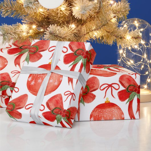 Papier Cadeau Aquarelle Noël Ornements et décorations rouges (Vacances)