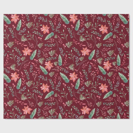 Papier Cadeau Aquarelle Noël Vert Floral Rouge Maroon (Plat)