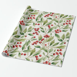 Papier Cadeau Aquarelle Noël Vert Holly avec baies rouges