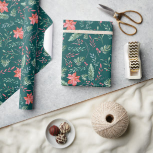 Papier Cadeau Aquarelle Noël Vert Rouge Florales Vert foncé Vert