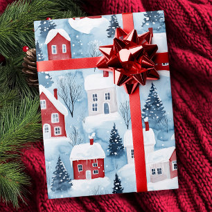 Papier Cadeau Aquarelle Nordique Maisons d'hiver Neige Noël