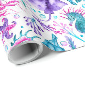 Papier Cadeau Aquarelle Océan Créatures sous la mer Anniversaire (Coin rond)