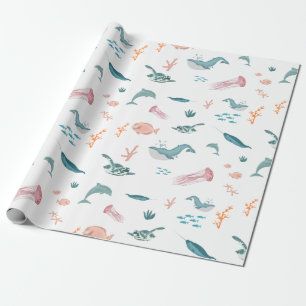 Papier Cadeau Aquarelle Océan Motif d'animaux marins